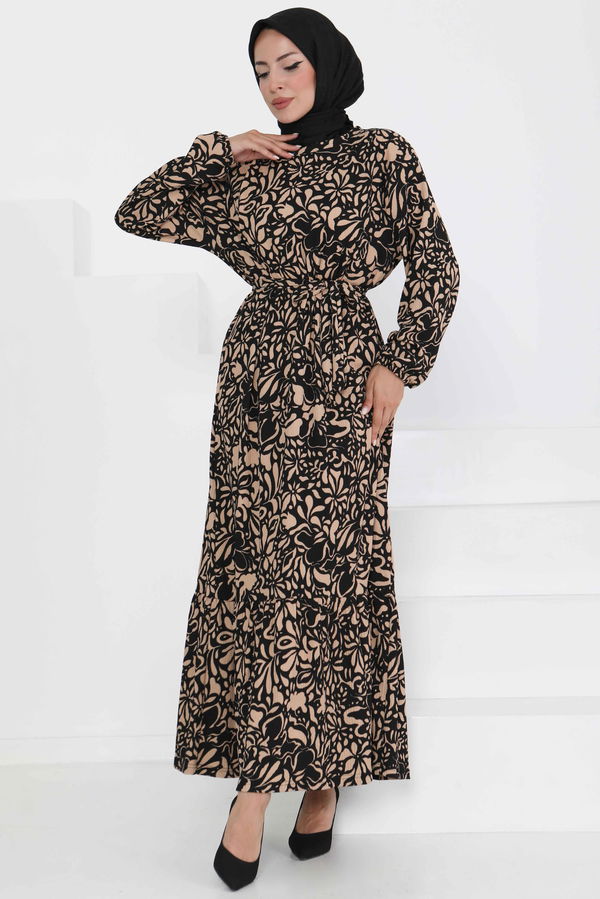 Desenli Kuşaklı Elbise - 27366