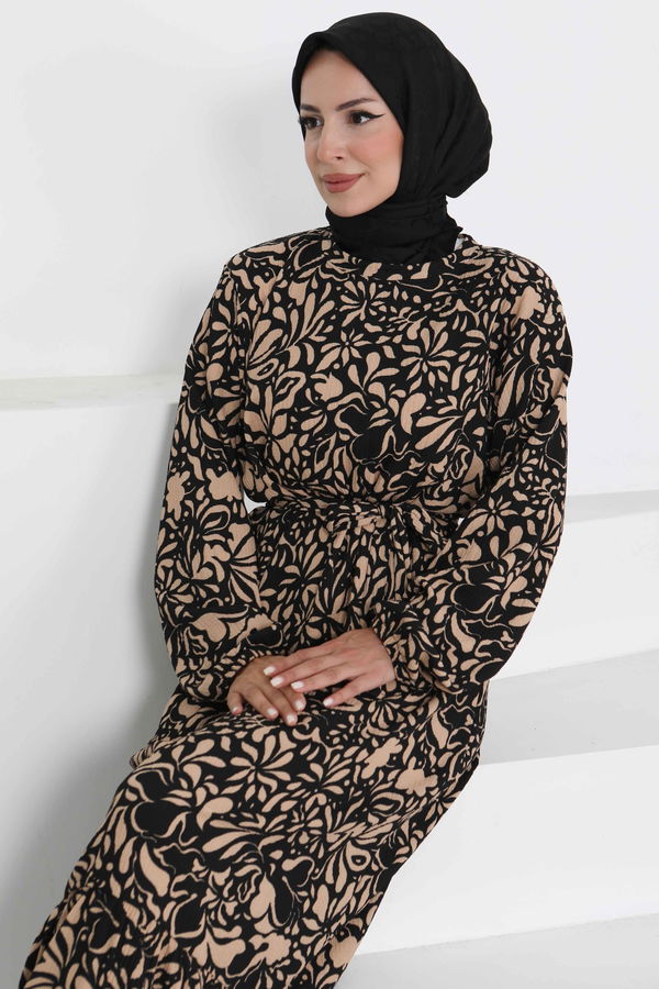 Desenli Kuşaklı Elbise - 27366