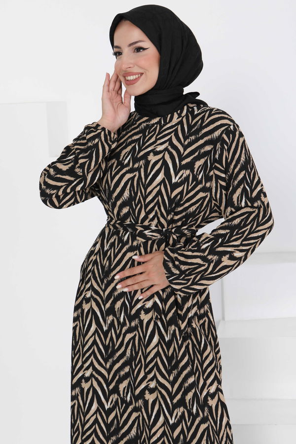 Desenli Kuşaklı Elbise Bej - 27363
