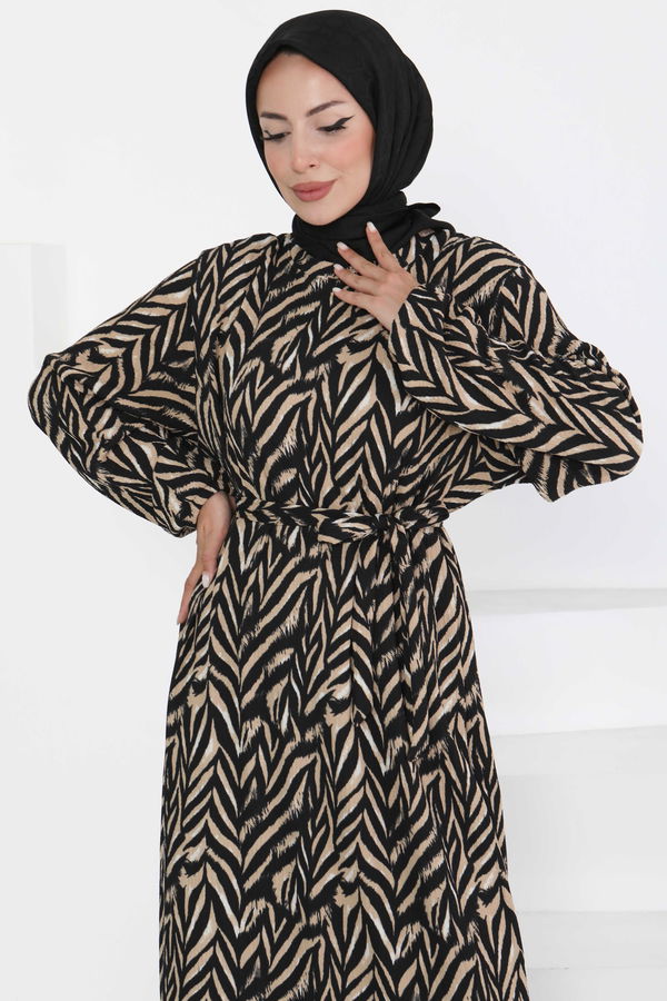 Desenli Kuşaklı Elbise Bej - 27363
