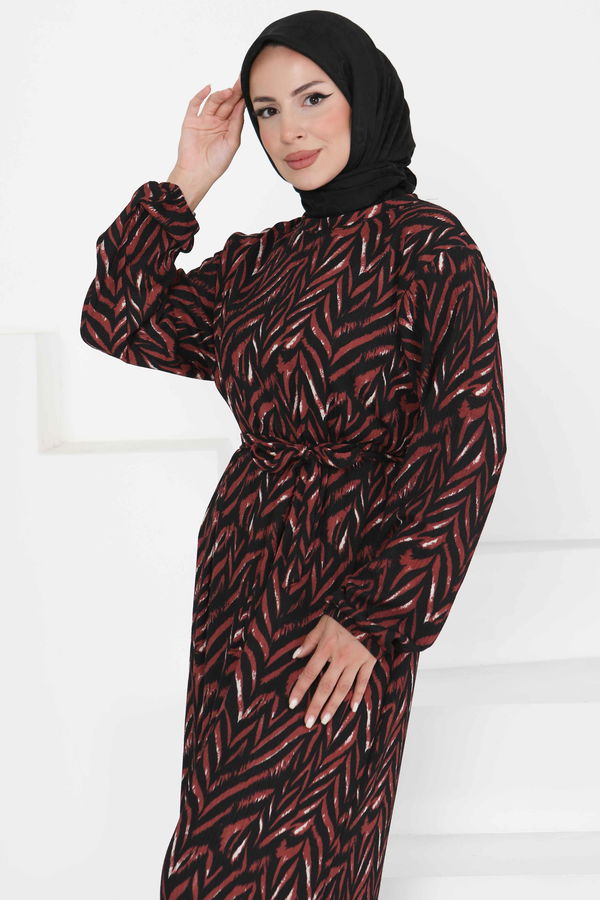 Desenli Kuşaklı Elbise Bordo - 27363
