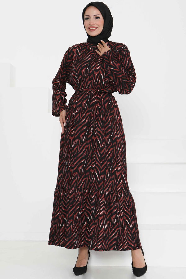 Desenli Kuşaklı Elbise Bordo - 27363