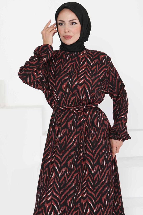 Desenli Kuşaklı Elbise Bordo - 27363