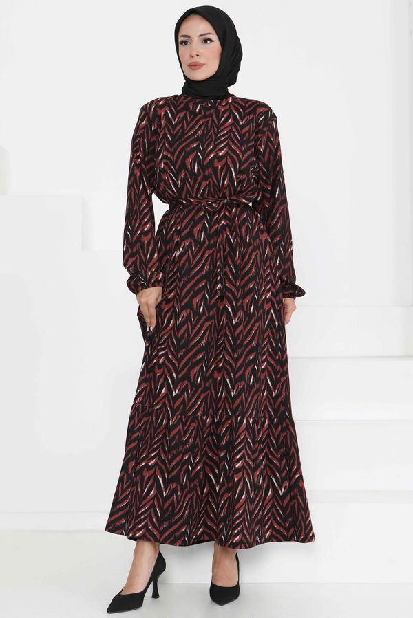Desenli Kuşaklı Elbise Bordo - 27363
