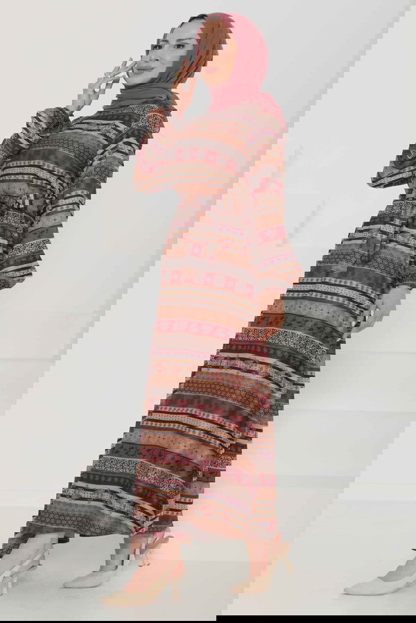 Desenli Kuşaklı Elbise Mürdüm - 27106