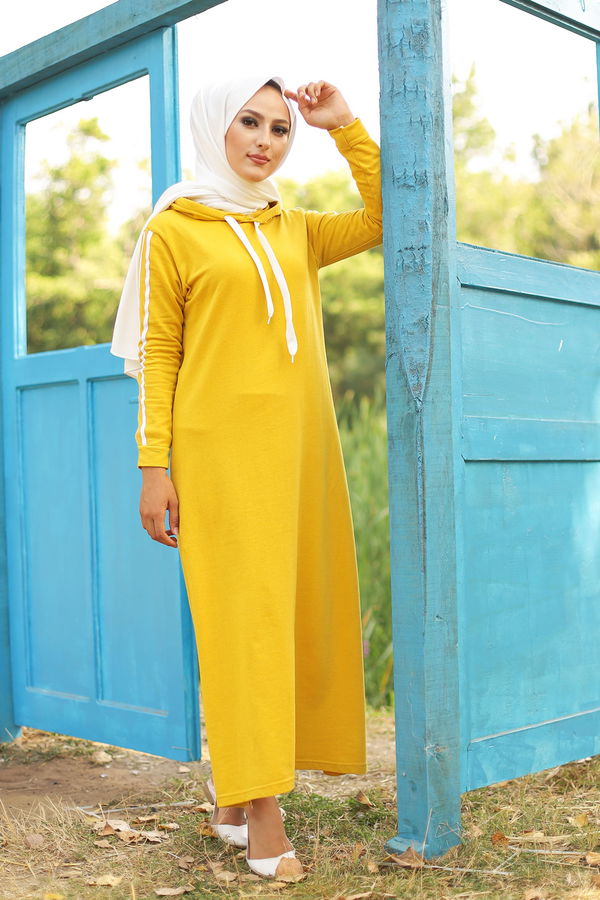 Striped Hooded Dress Yellow - 3227