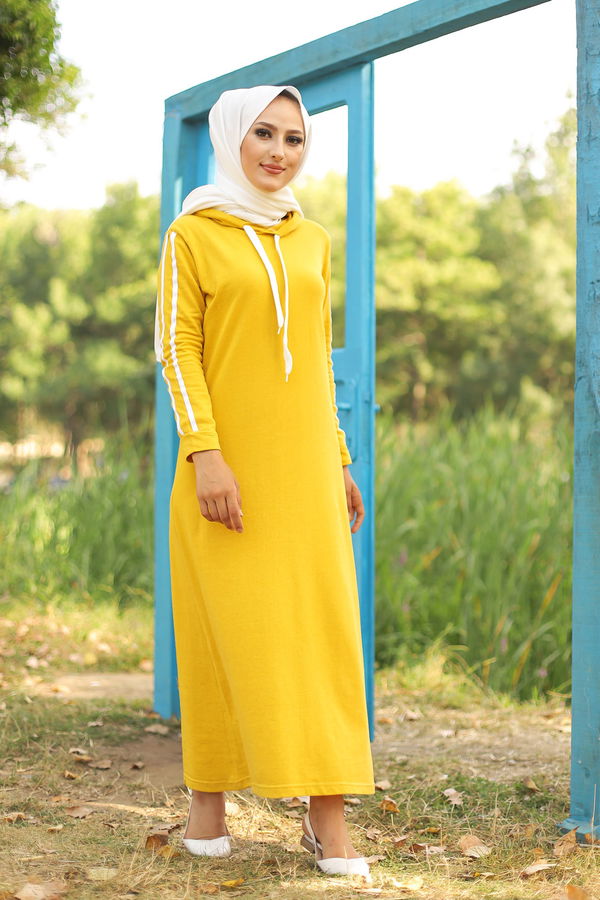 Striped Hooded Dress Yellow - 3227