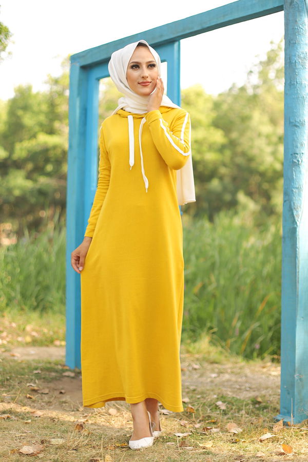 Striped Hooded Dress Yellow - 3227