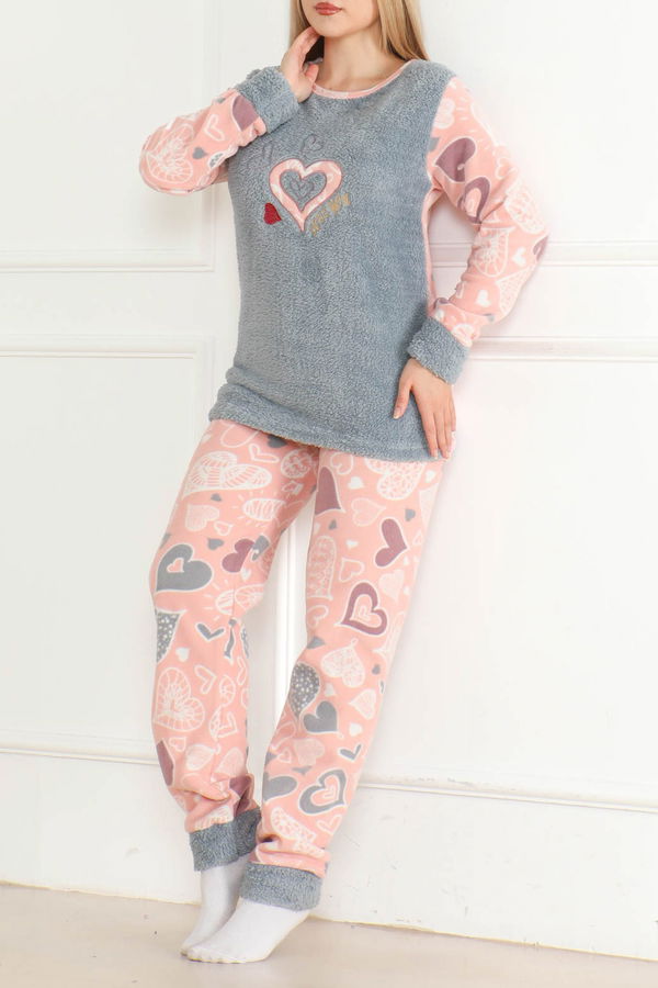 Nakışlı Peluş Polar Pijama Takım Bebe Mavi - 26635