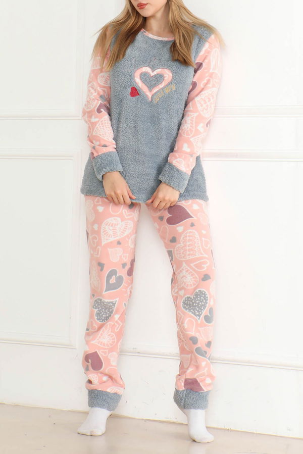 Nakışlı Peluş Polar Pijama Takım Bebe Mavi - 26635