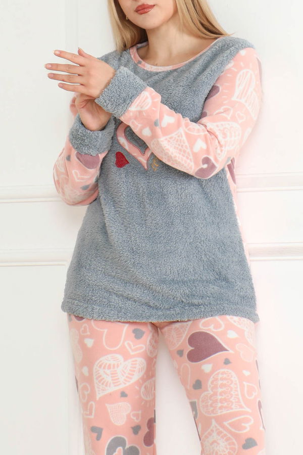 Nakışlı Peluş Polar Pijama Takım Bebe Mavi - 26635