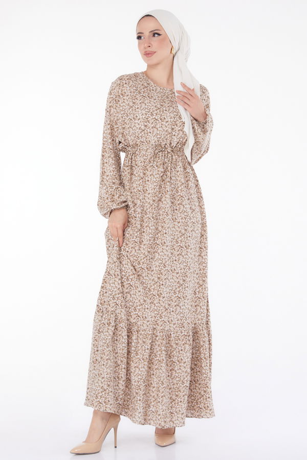 Çiçek Desenli Elbise Bej - 25408
