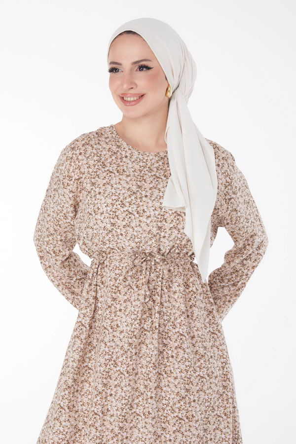 Çiçek Desenli Elbise Bej - 25408