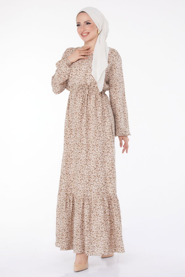 Çiçek Desenli Elbise Bej - 25408