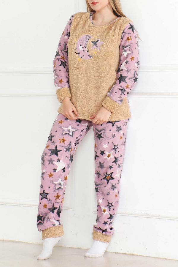 Nakışlı Peluş Polar Pijama Takım Bej - 26637