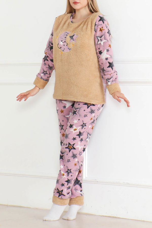 Nakışlı Peluş Polar Pijama Takım Bej - 26637