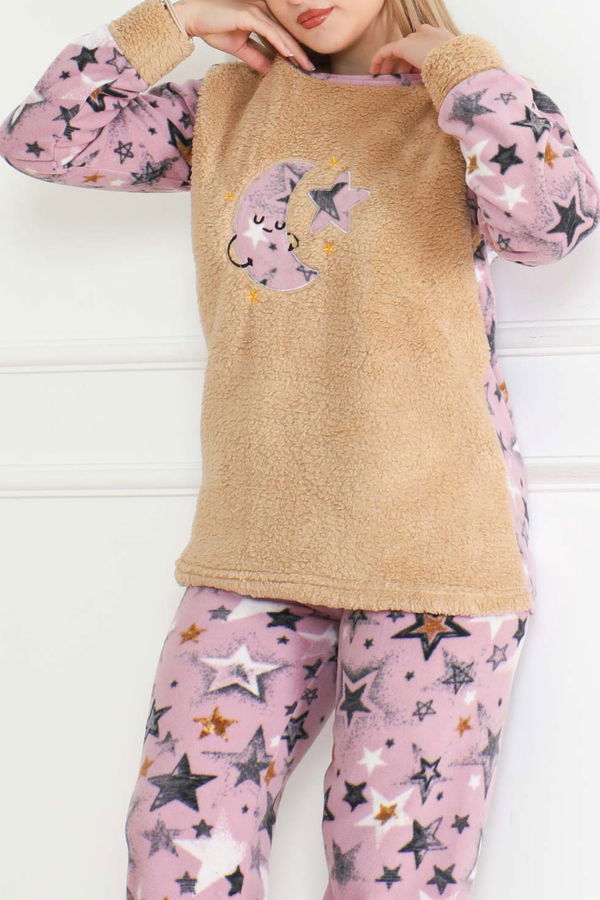 Nakışlı Peluş Polar Pijama Takım Bej - 26637