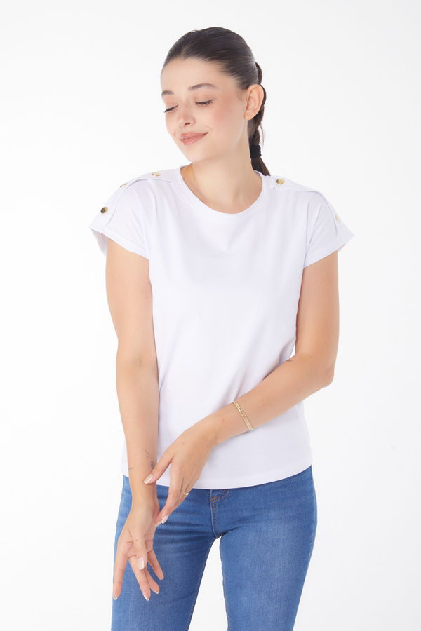 Düğme Detaylı T-Şhirt Beyaz - 25950