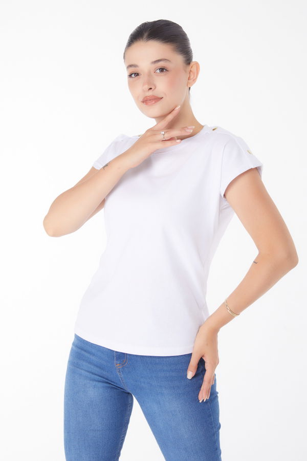 Düğme Detaylı T-Şhirt Beyaz - 25950