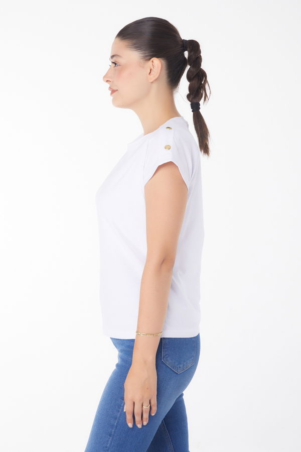 Düğme Detaylı T-Şhirt Beyaz - 25950