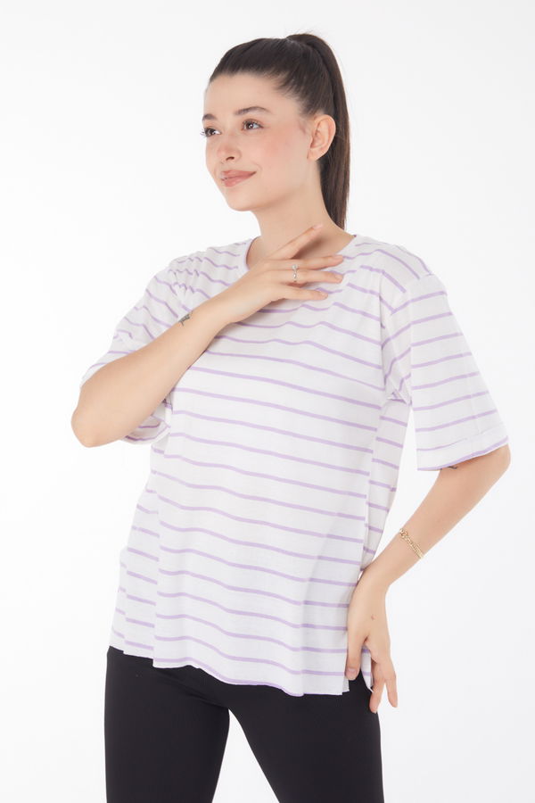 Çizgili Kısa Kollu T-shirt Beyaz Lila - 25840