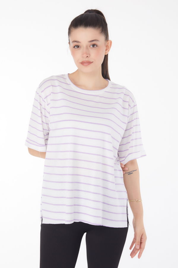 Çizgili Kısa Kollu T-shirt Beyaz Lila - 25840