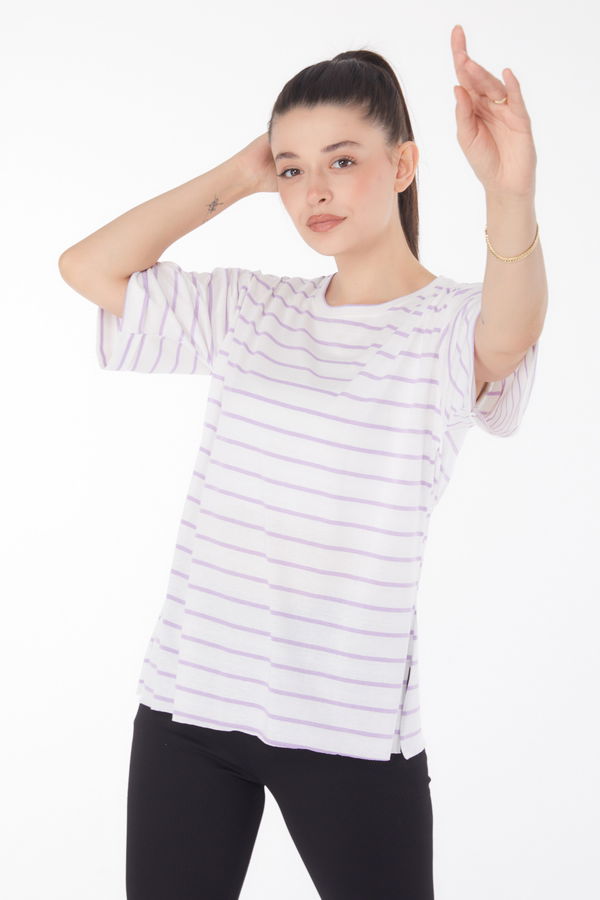 Çizgili Kısa Kollu T-shirt Beyaz Lila - 25840