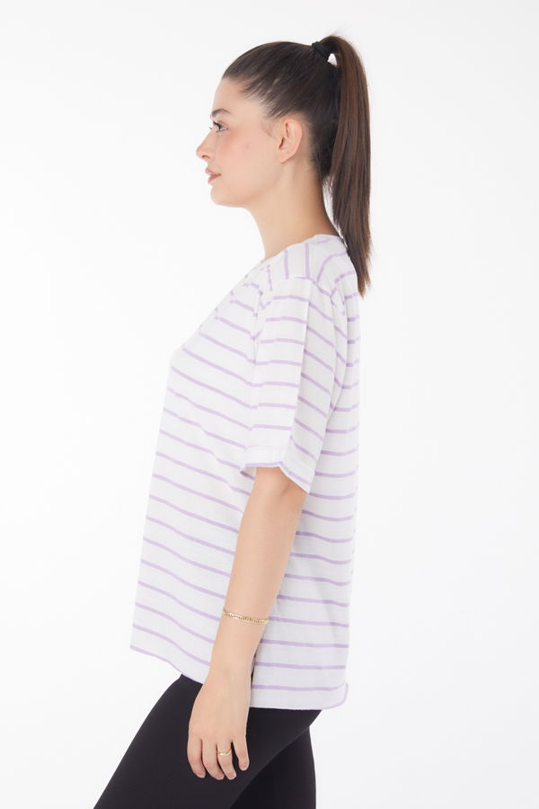 Çizgili Kısa Kollu T-shirt Beyaz Lila - 25840