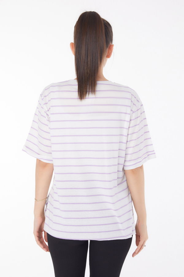 Çizgili Kısa Kollu T-shirt Beyaz Lila - 25840