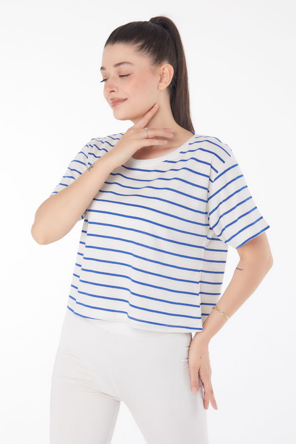 Çizgili Kısa Kollu Crop Beyaz Saks - 25842