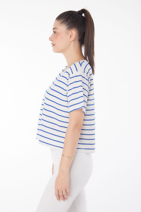 Çizgili Kısa Kollu Crop Beyaz Saks - 25842