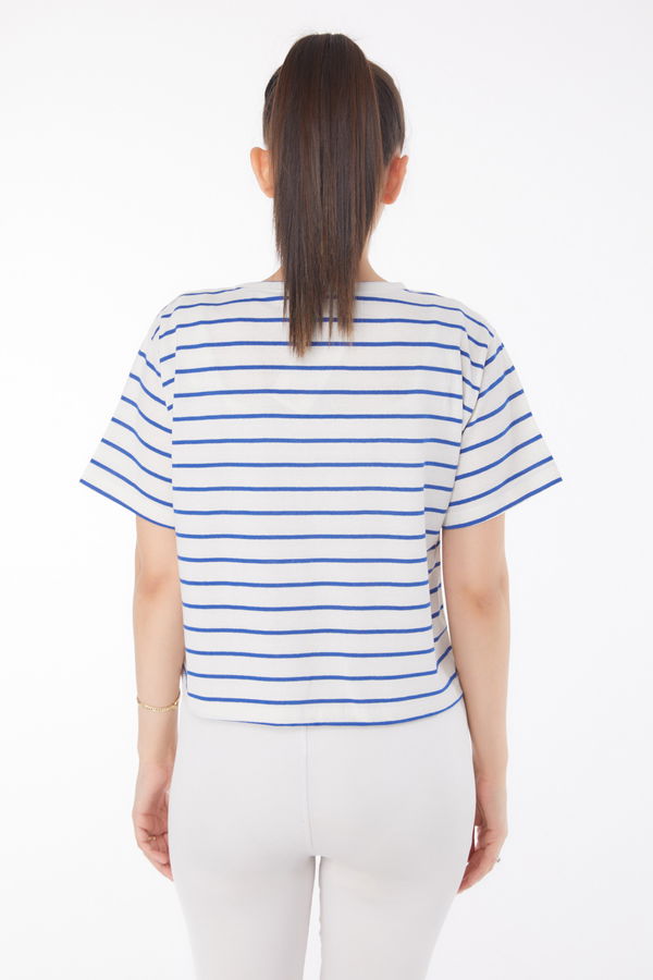 Çizgili Kısa Kollu Crop Beyaz Saks - 25842