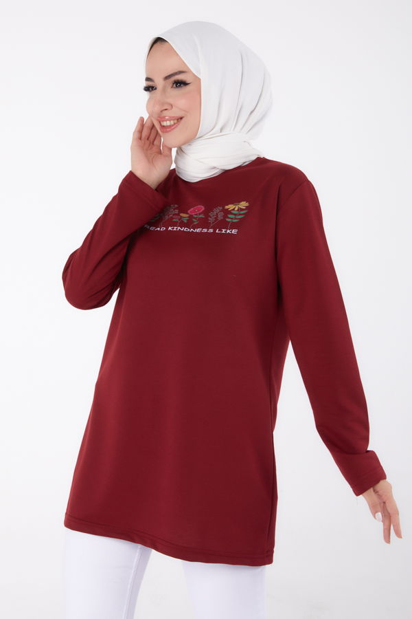 Baskılı Sweatshirt Bordo - 13332