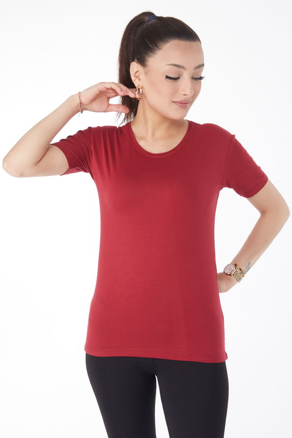 Kısa Kollu Baskısız T-shirt Bordo - 24764