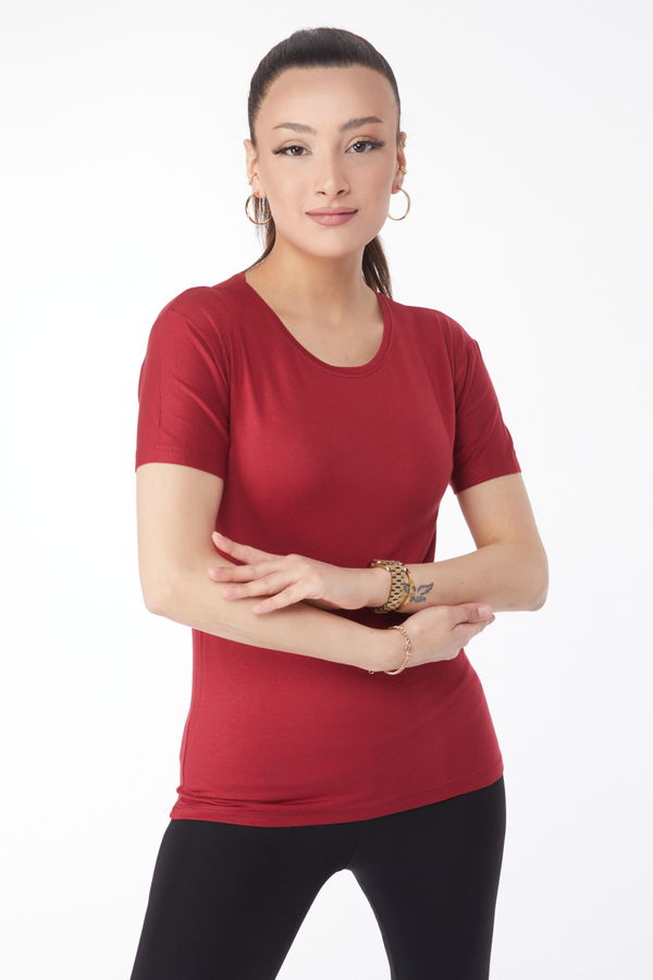 Kısa Kollu Baskısız T-shirt Bordo - 24764