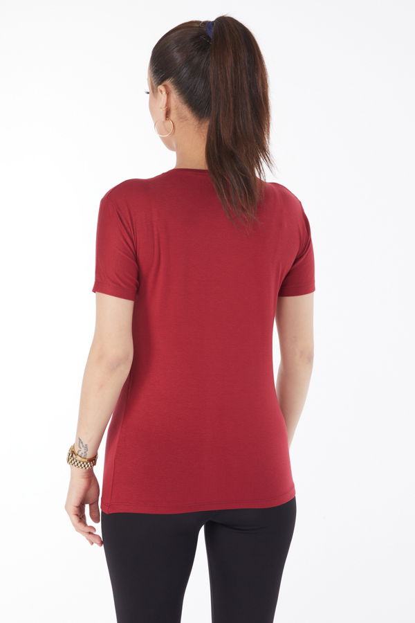 Kısa Kollu Baskısız T-shirt Bordo - 24764