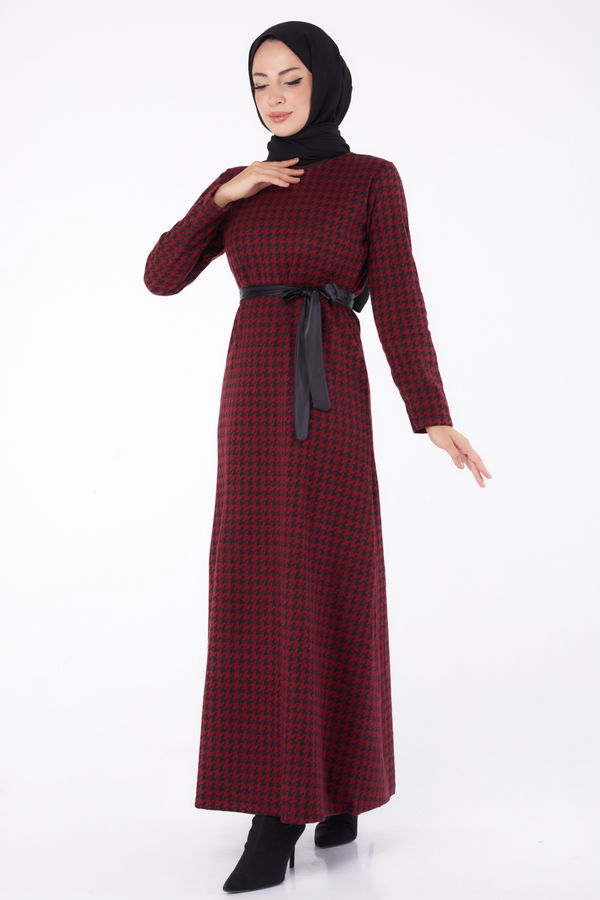 Kuşaklı Elbise Bordo - 13322