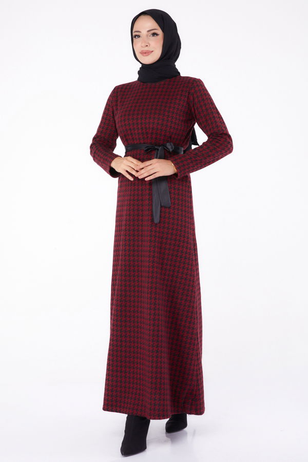 Kuşaklı Elbise Bordo - 13322