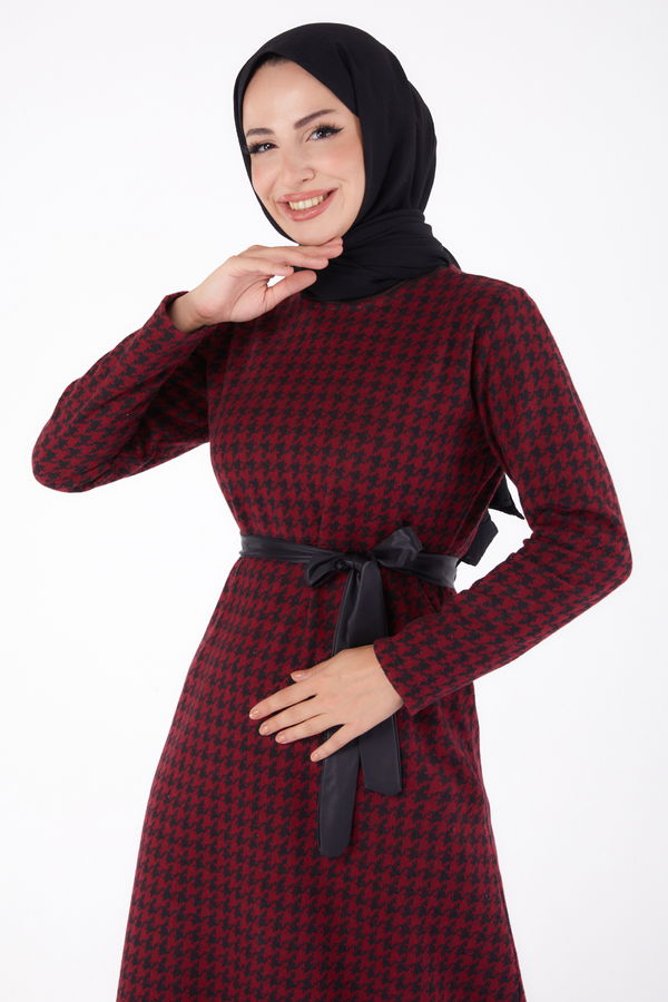 Kuşaklı Elbise Bordo - 13322