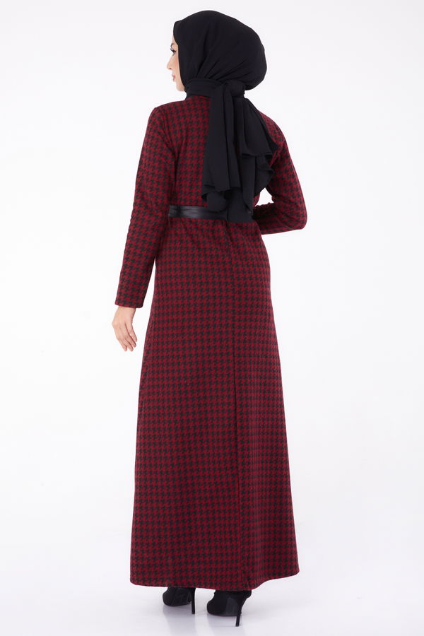 Kuşaklı Elbise Bordo - 13322
