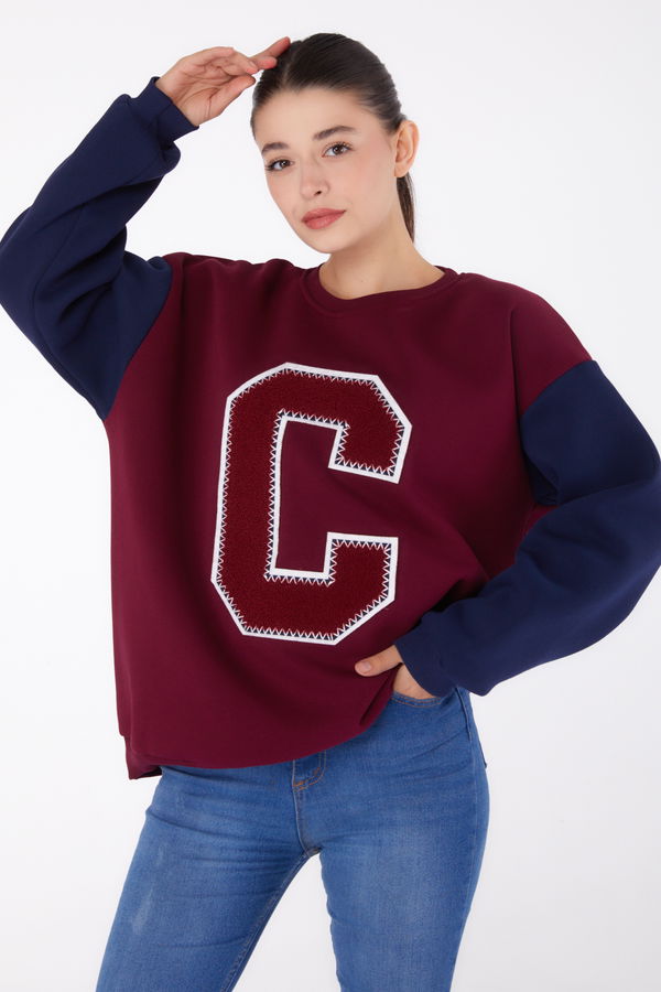 Nakışlı Sweatshirt Bordo - 26451