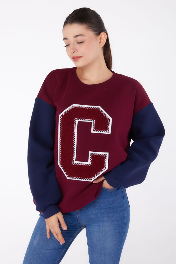 Nakışlı Sweatshirt Bordo - 26451