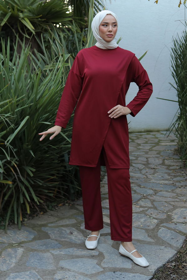 Düz Bisiklet Yaka Kadın Bordo Spor Tunik Pantolon İkili Takım - 13154