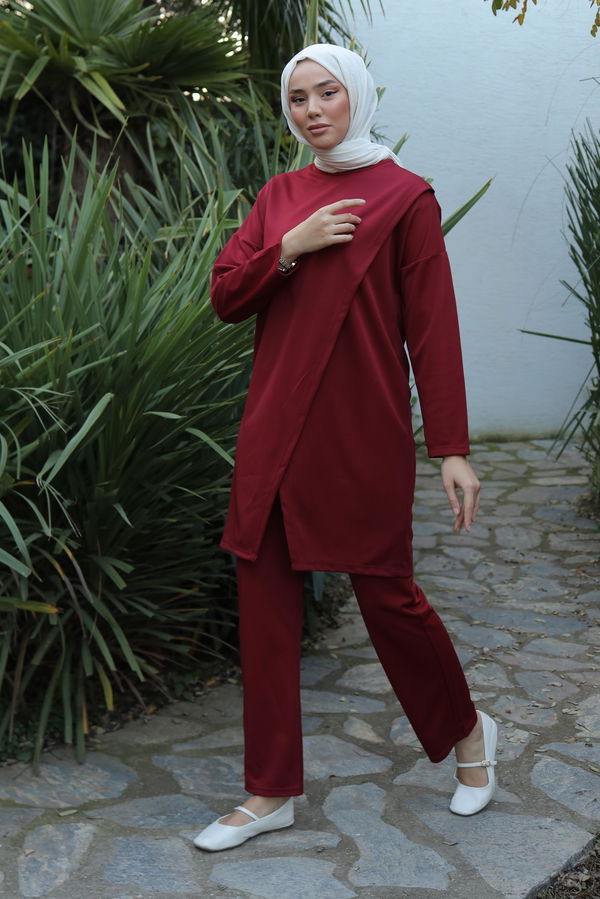 Düz Bisiklet Yaka Kadın Bordo Spor Tunik Pantolon İkili Takım - 13154