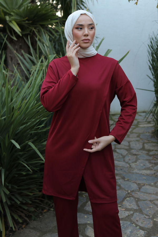 Düz Bisiklet Yaka Kadın Bordo Spor Tunik Pantolon İkili Takım - 13154