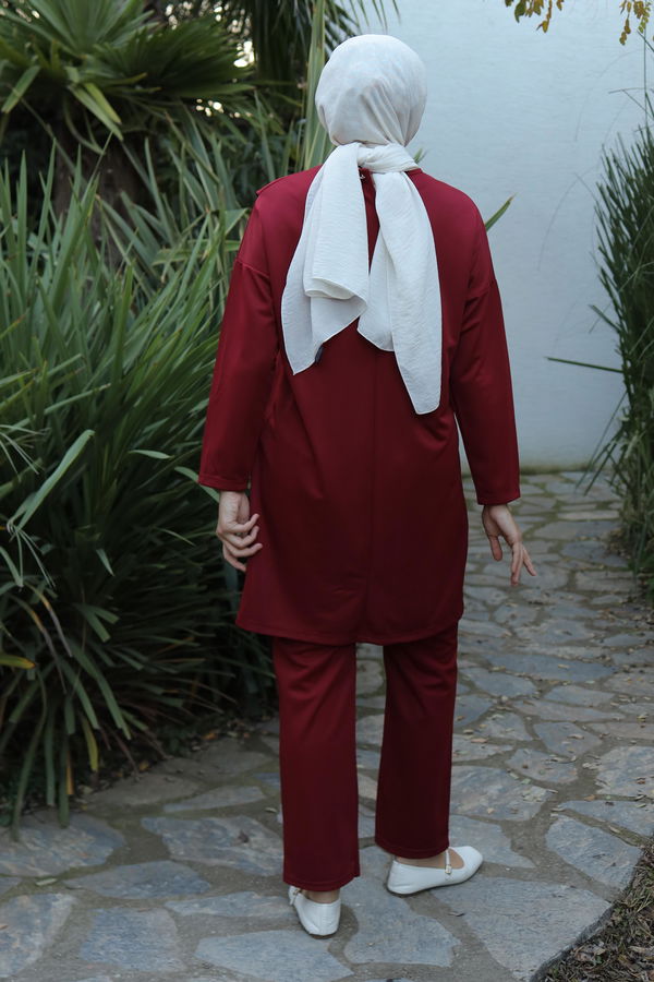 Düz Bisiklet Yaka Kadın Bordo Spor Tunik Pantolon İkili Takım - 13154