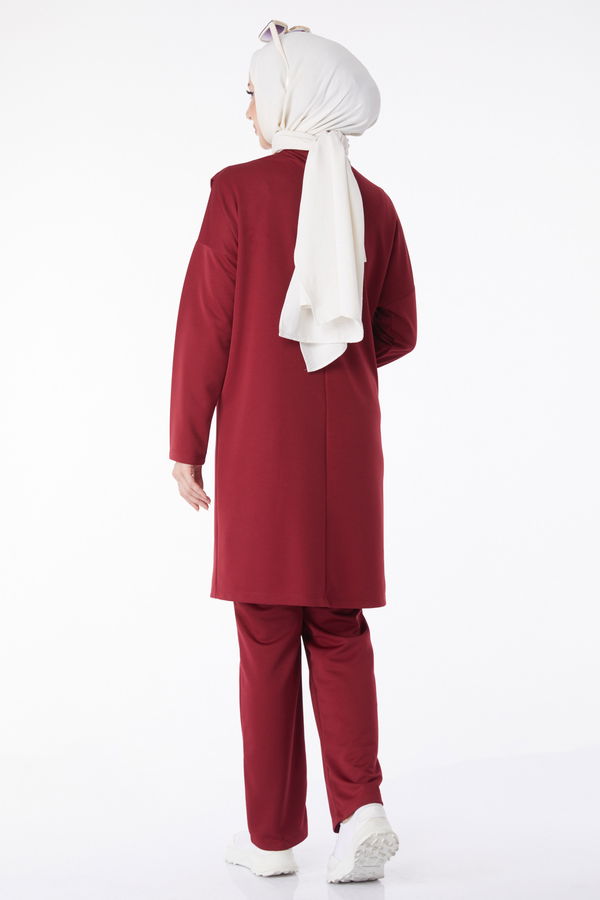Düz Bisiklet Yaka Kadın Bordo Spor Tunik Pantolon İkili Takım - 13154