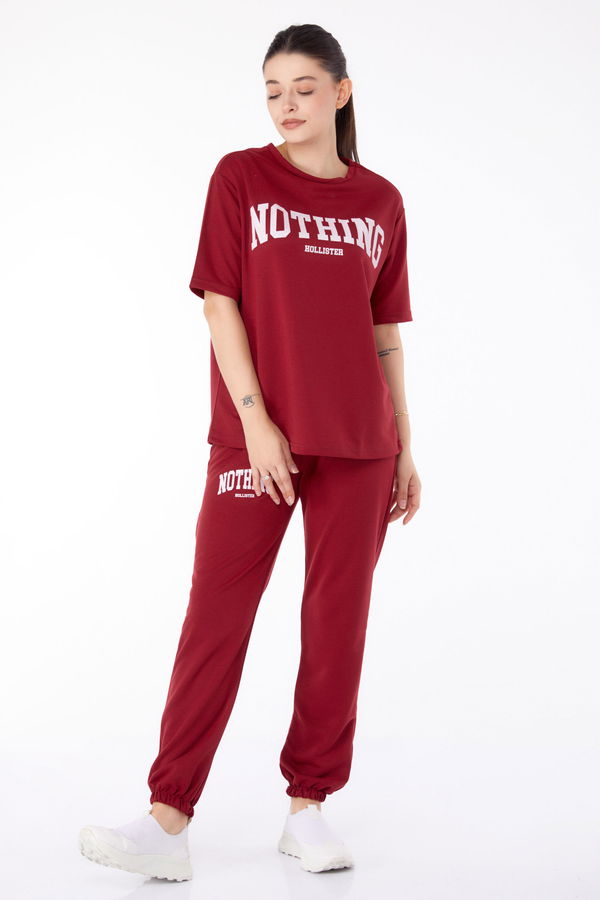 Düz Bisiklet Yaka Kadın Bordo T-shirt +Pantolon İkili Takım - 13199