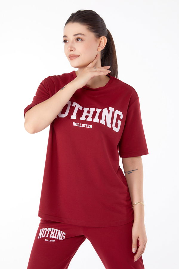 Düz Bisiklet Yaka Kadın Bordo T-shirt +Pantolon İkili Takım - 13199