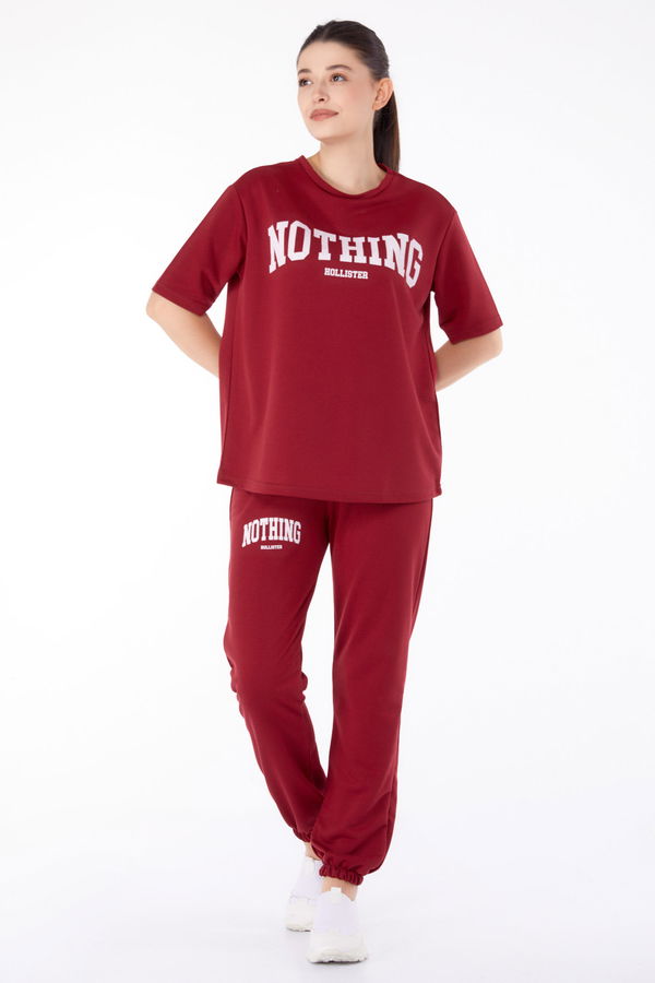 Düz Bisiklet Yaka Kadın Bordo T-shirt +Pantolon İkili Takım - 13199